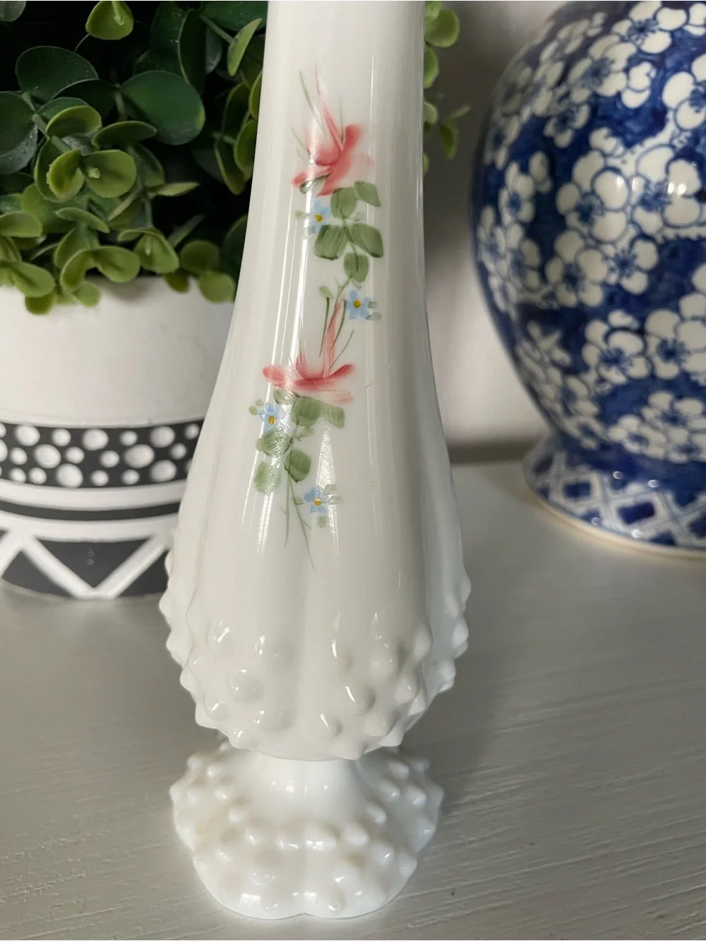 Signed Fenton Rose Garden Milk glass Hobnail Vase signed Sylvia Lesinger
